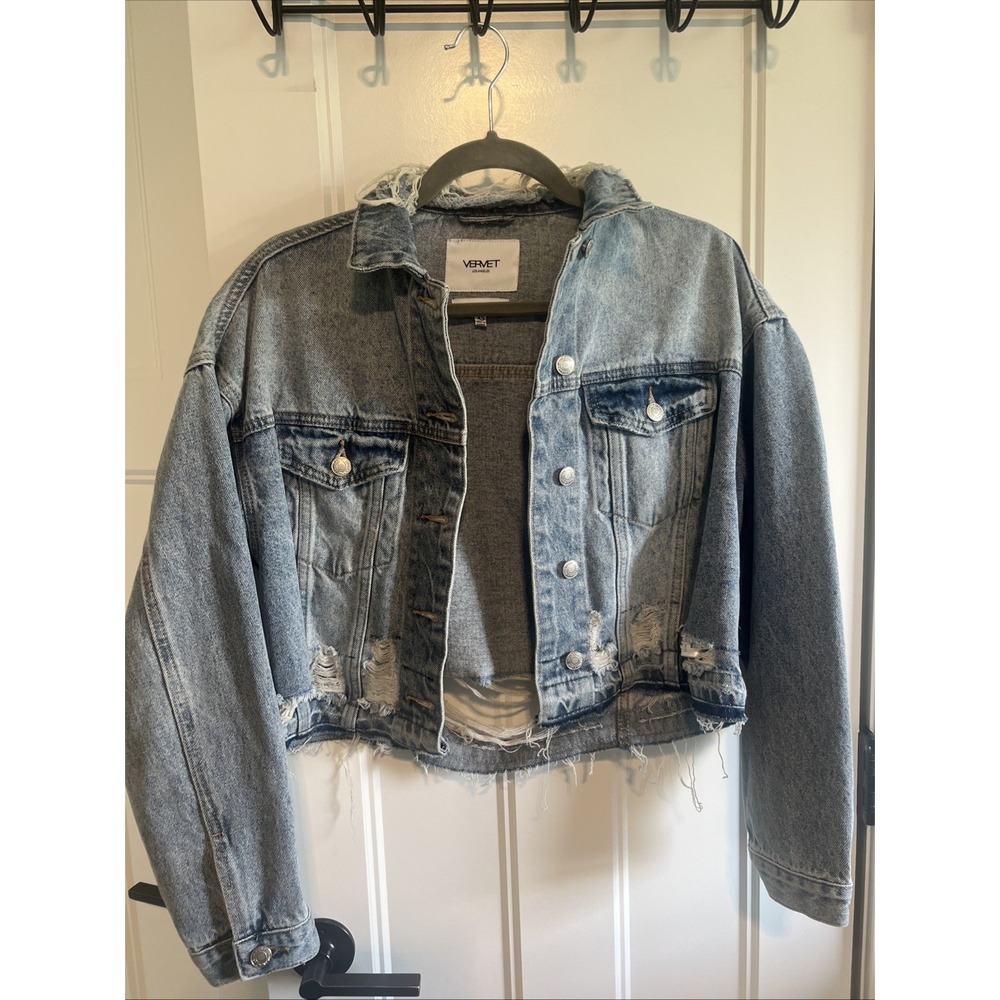 Vervet Jean Jacket Oversized Crop‎ Fit Distressed Blue Denim Size XS Grunge